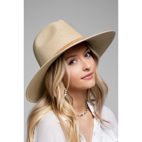 Accessories - Natural Faux Suede Wide Brim Braided Double Band Tassel Woven Panama Hat
